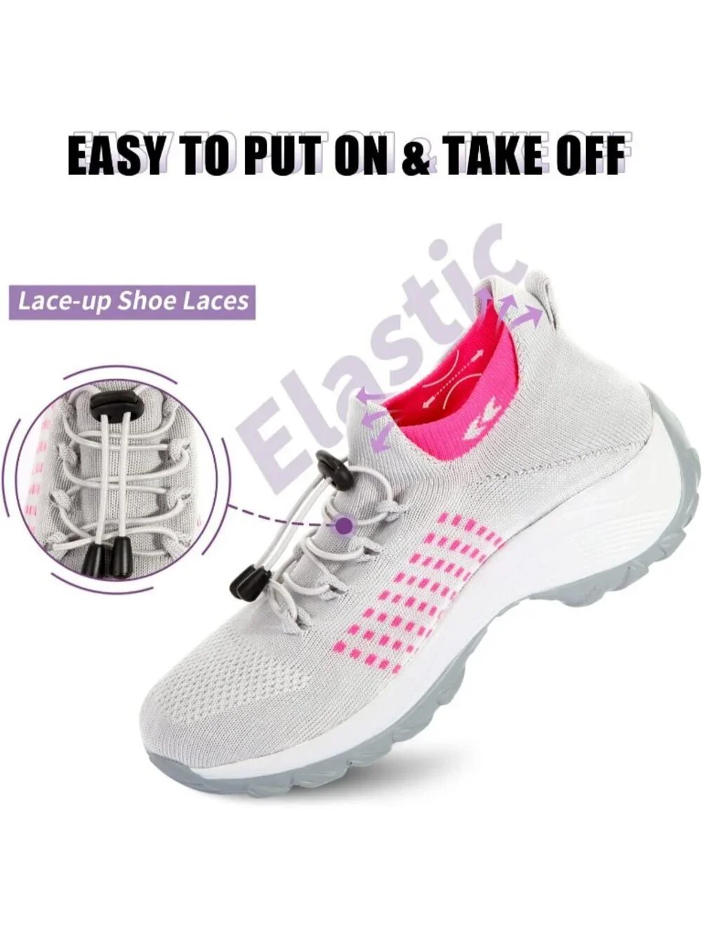Women's Gray Pink Orthopedic Breathable Slip on Trainers Bottom Sneaker Shoes